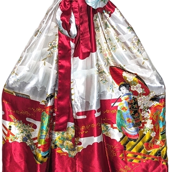 Vintage Satin Authentic Japanese Kimono Open Front Sash Tie Red White Maxi OS - Picture 9 of 13